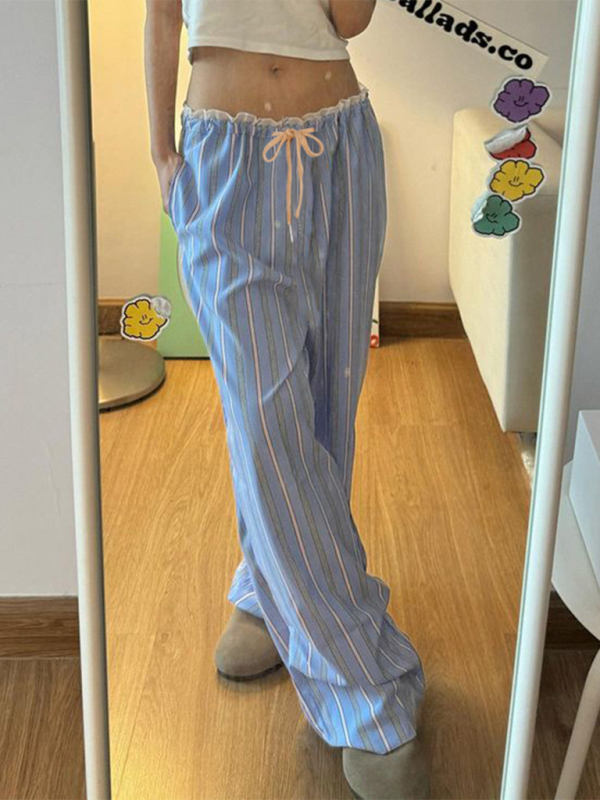 Striped lace stitching casual pants - Clear blue / S