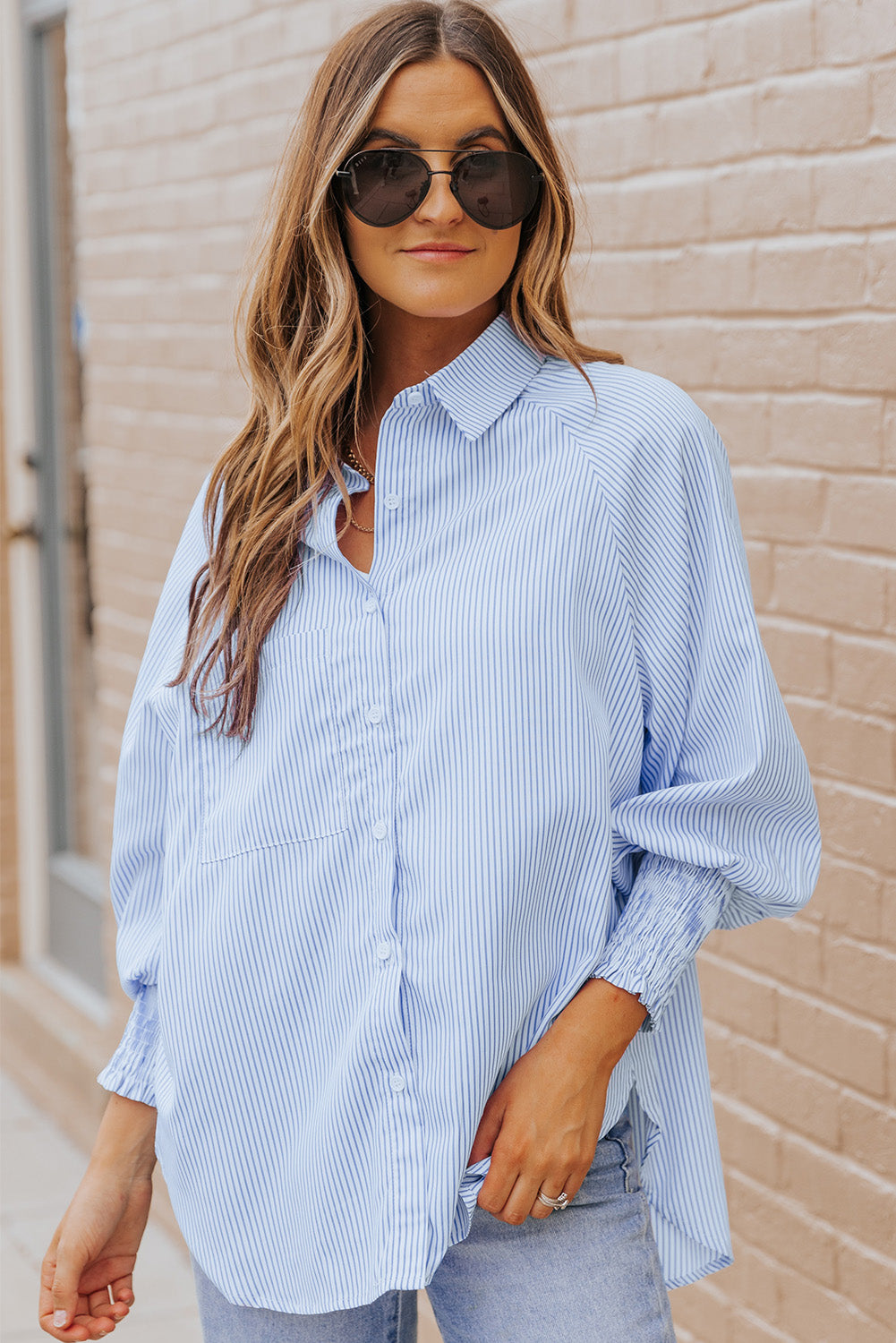 Striped Lantern Sleeve Collared Shirt Print on any thing USA/STOD clothes