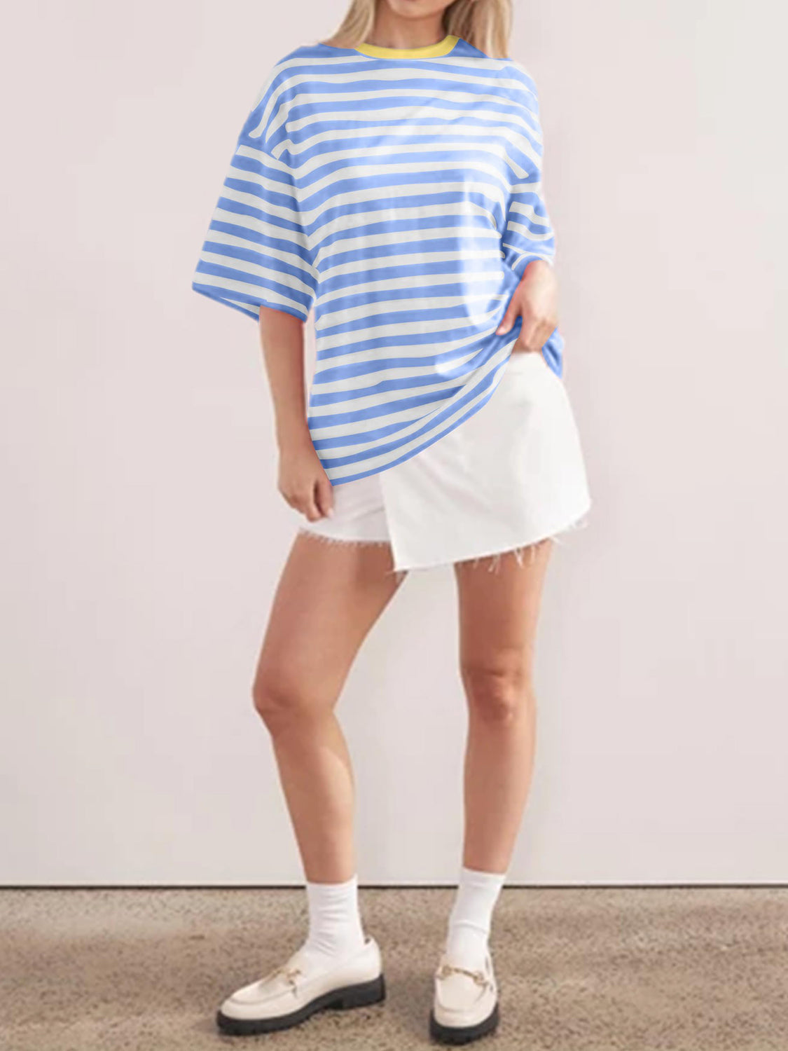 Striped Round Neck Half Sleeve T-Shirt - Light Blue / S