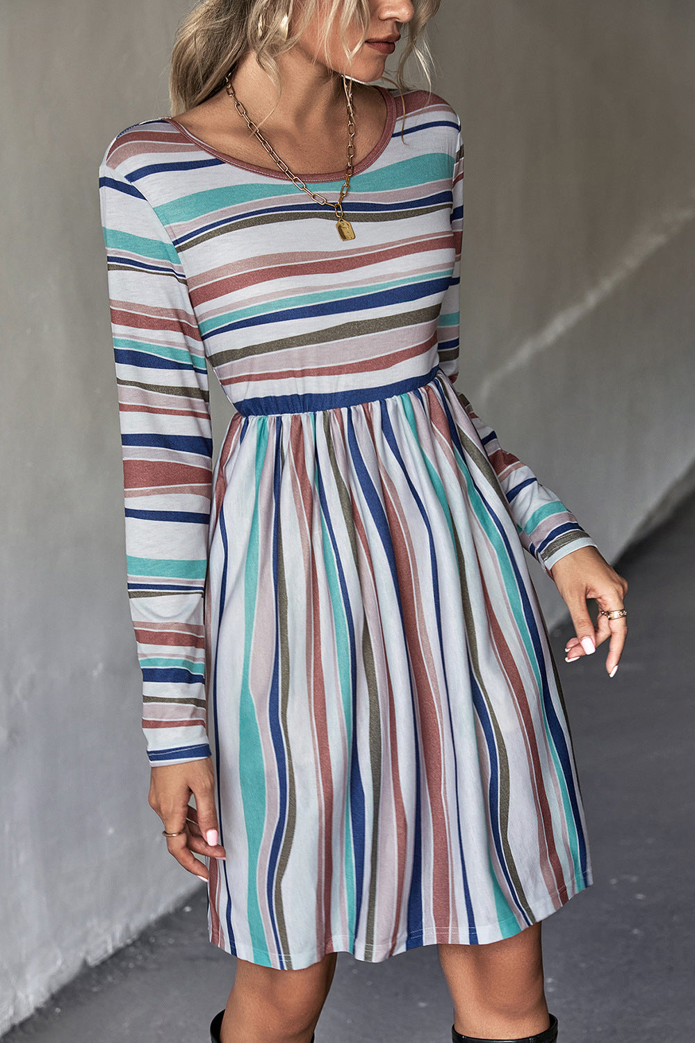 Striped Round Neck Long Sleeve Tee Dress Print on any thing USA/STOD clothes