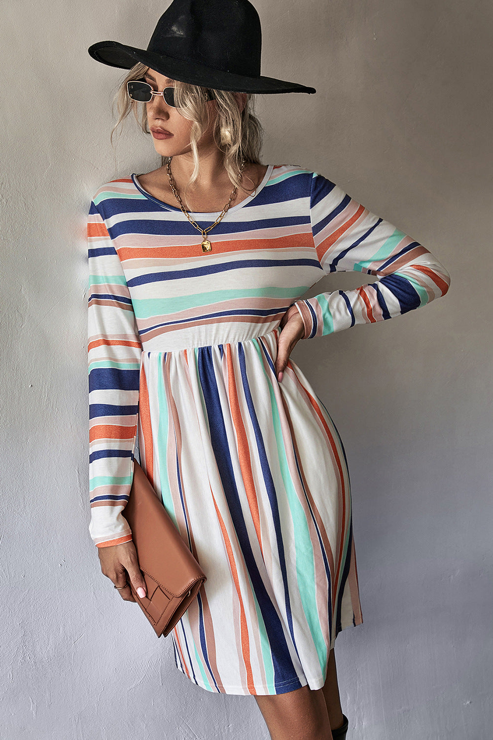 Striped Round Neck Long Sleeve Tee Dress Print on any thing USA/STOD clothes