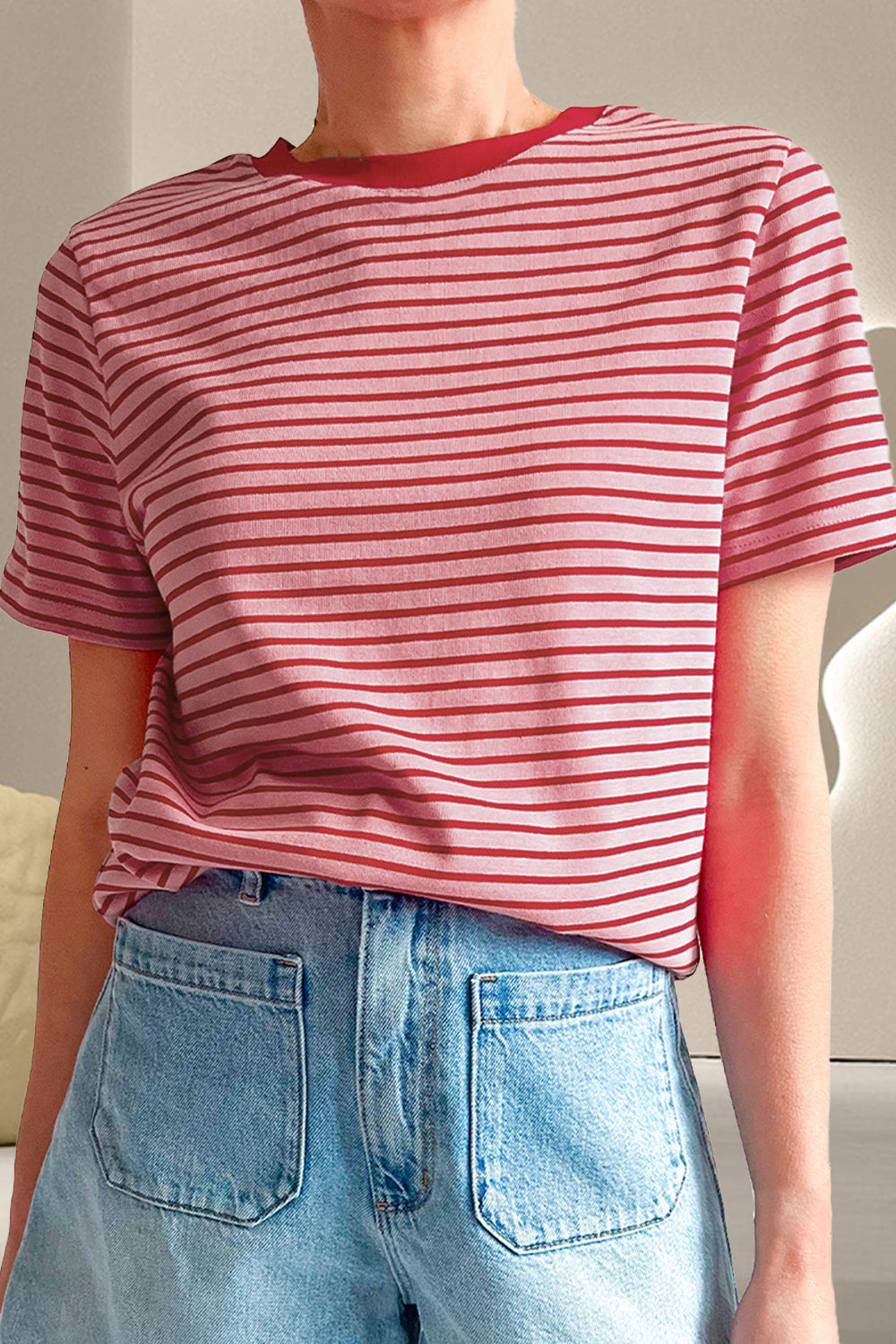 Striped Round Neck Short Sleeve T-Shirt - Deep Red / S