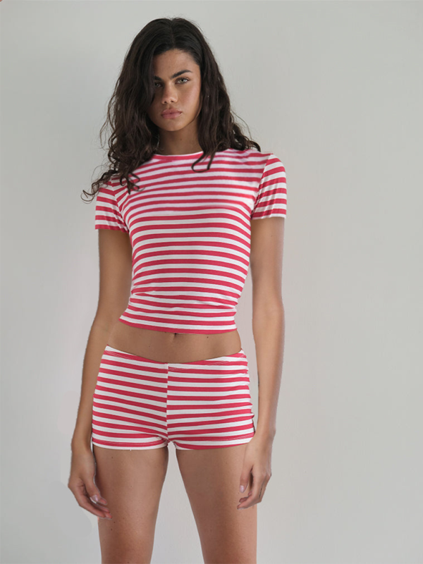 Striped Slim Fit Short Sleeve Shorts Set - Red / S