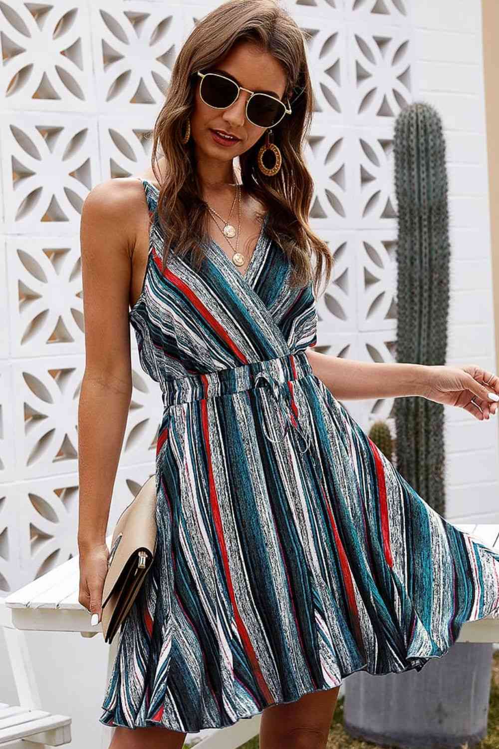 Striped Surplice Neck Spaghetti Strap Dress Print on any thing USA/STOD clothes