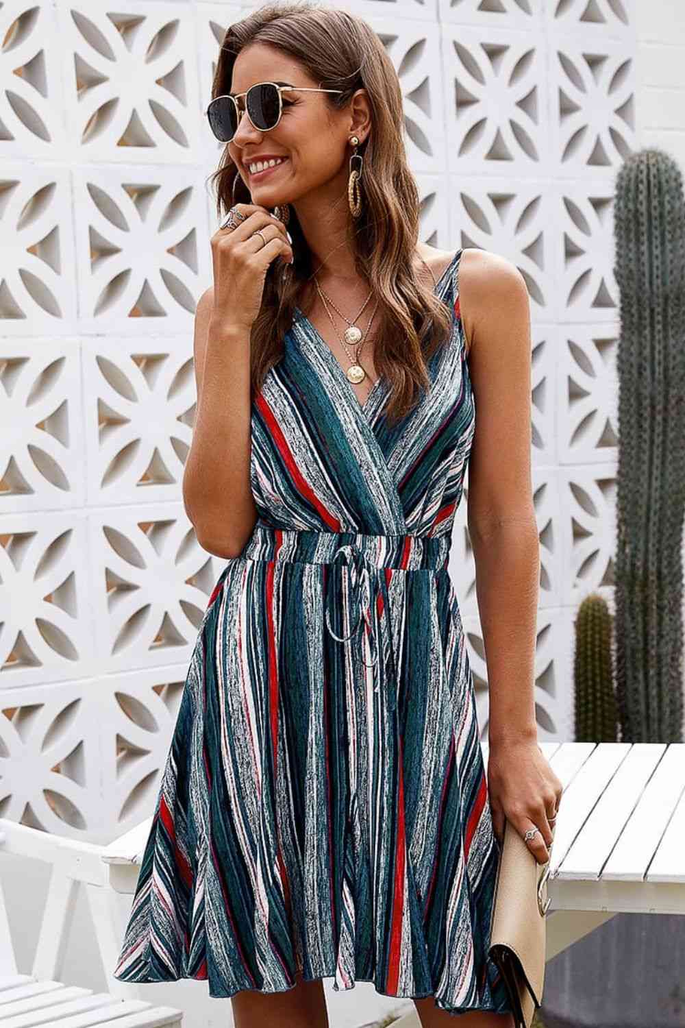 Striped Surplice Neck Spaghetti Strap Dress Print on any thing USA/STOD clothes