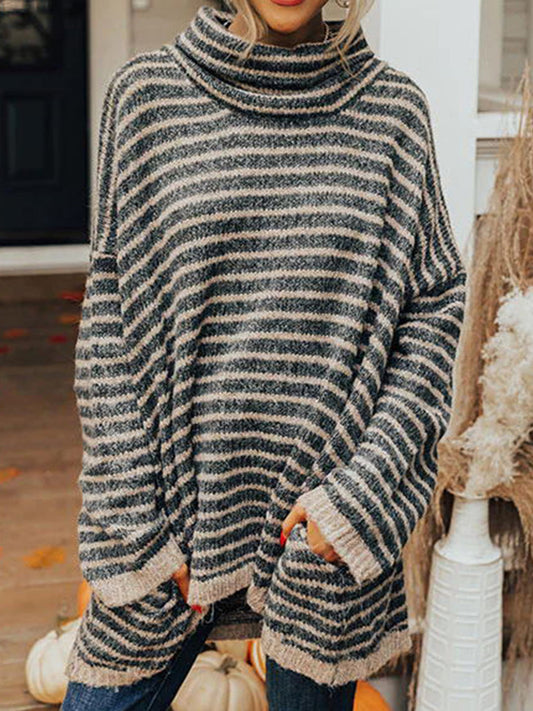 Striped Turtleneck Sweater with Pockets - Black / S