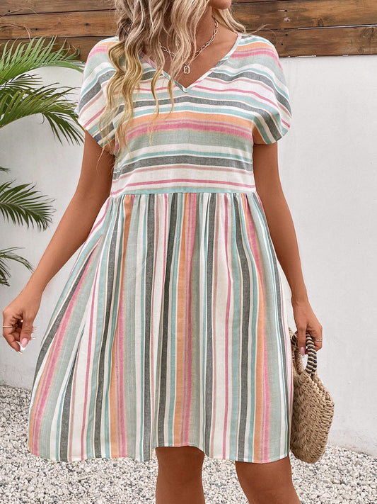 Striped V-Neck Short Sleeve Dress - Stripe / S