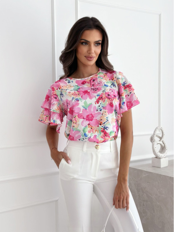 Summer printed ruffle sleeves round neck simple