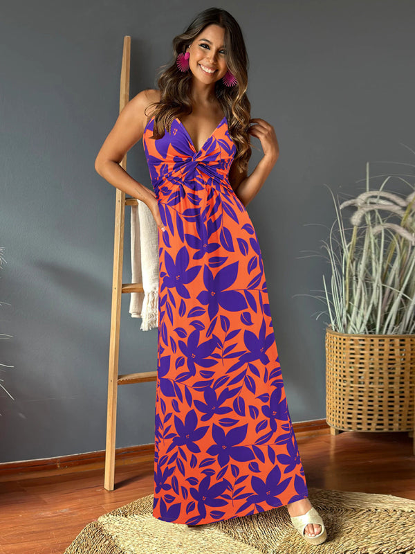 Suspender v-neck printed elegant A-line long dress