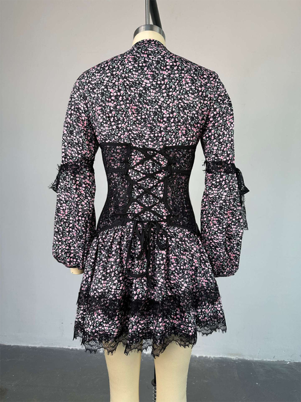 Sweet Fresh Print Waist Long Sleeve Short Lace Dress