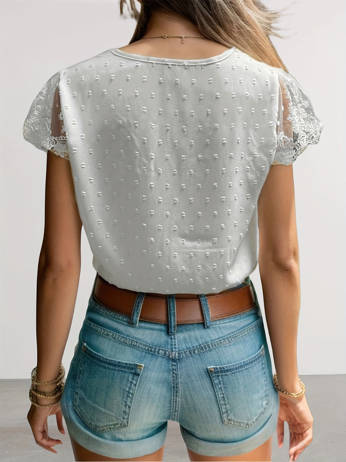 Swiss Dot Lace Detail V-Neck Cap Sleeve Blouse