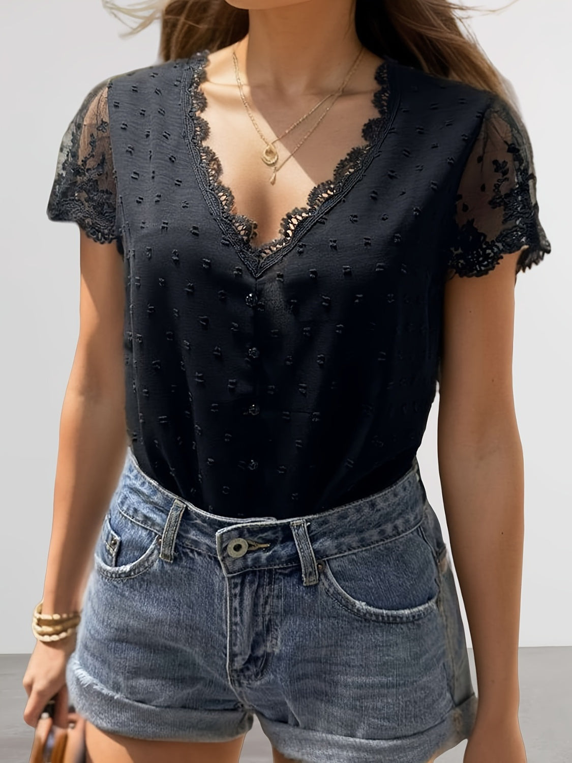 Swiss Dot Lace Detail V-Neck Cap Sleeve Blouse - Black / S