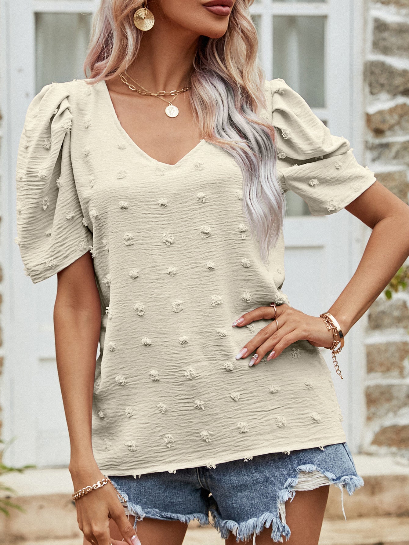 Swiss Dot Short Puff Sleeve Top Print on any thing USA/STOD clothes