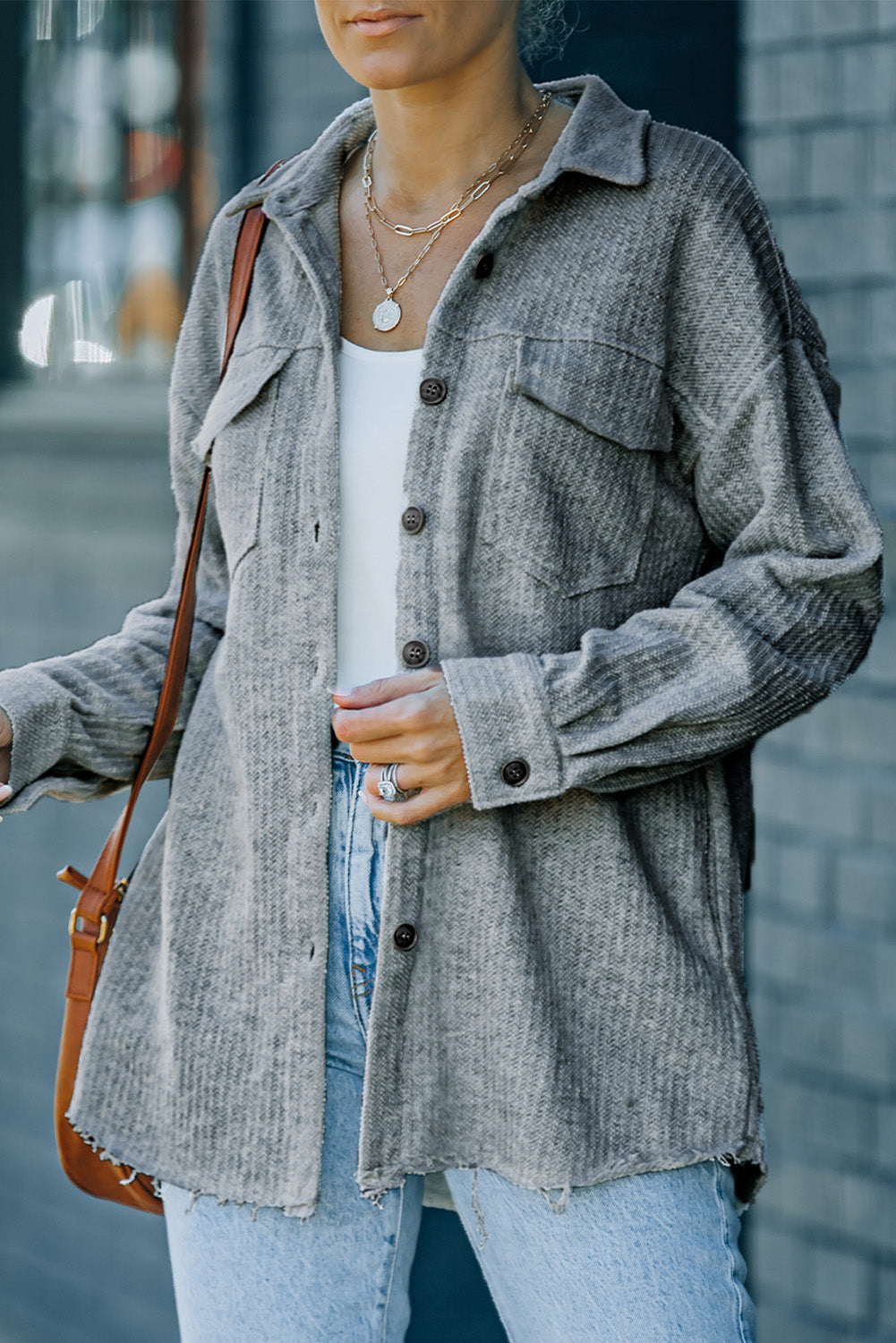 Textured Button Down Shirt Jacket with Pockets Print on any thing USA/STOD clothes