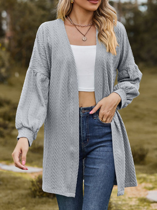 Textured Open Front Dropped Shoulder Cardigan - Gray / S