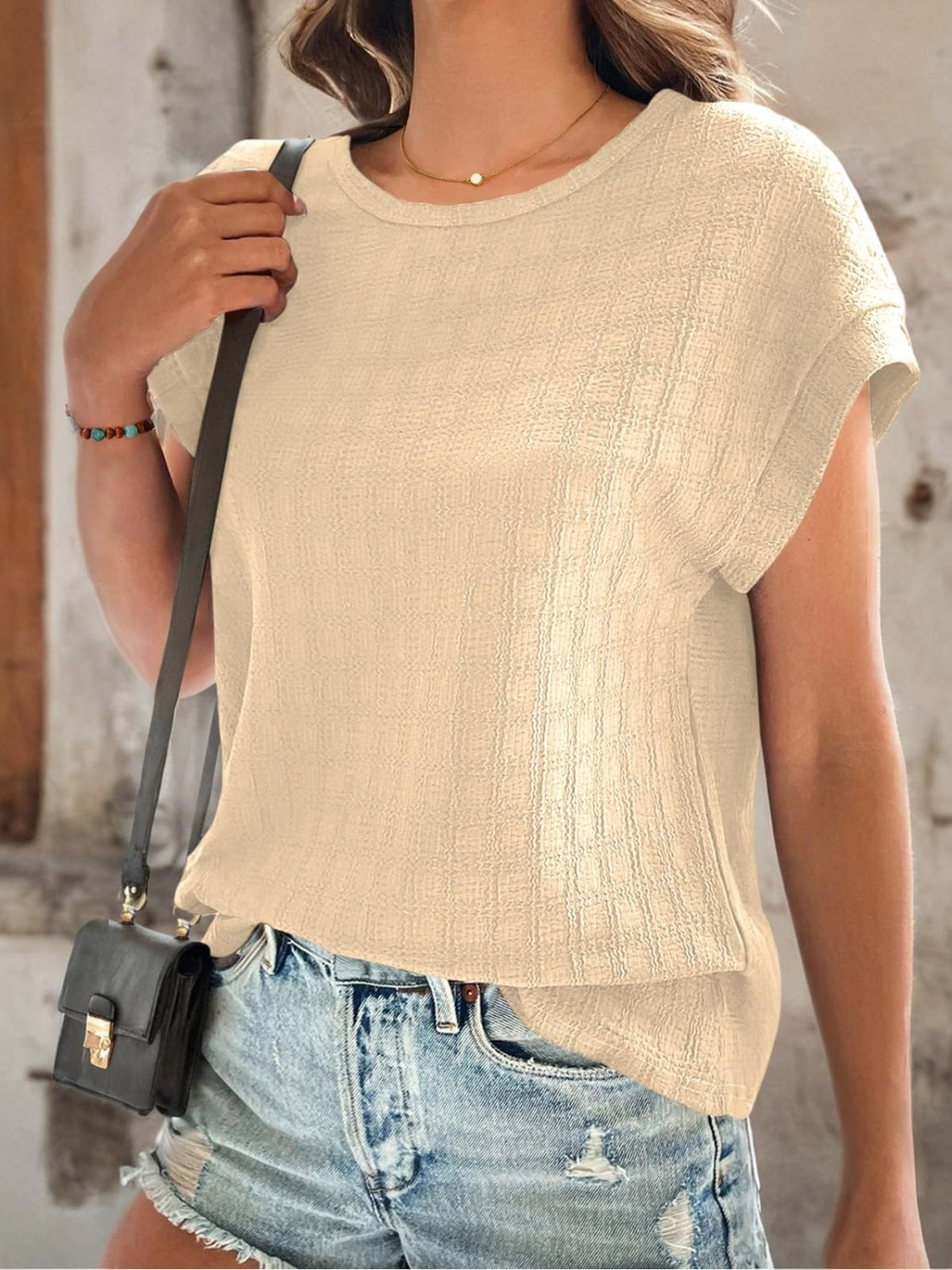 Textured Round Neck Short Sleeve Top - Tan / S