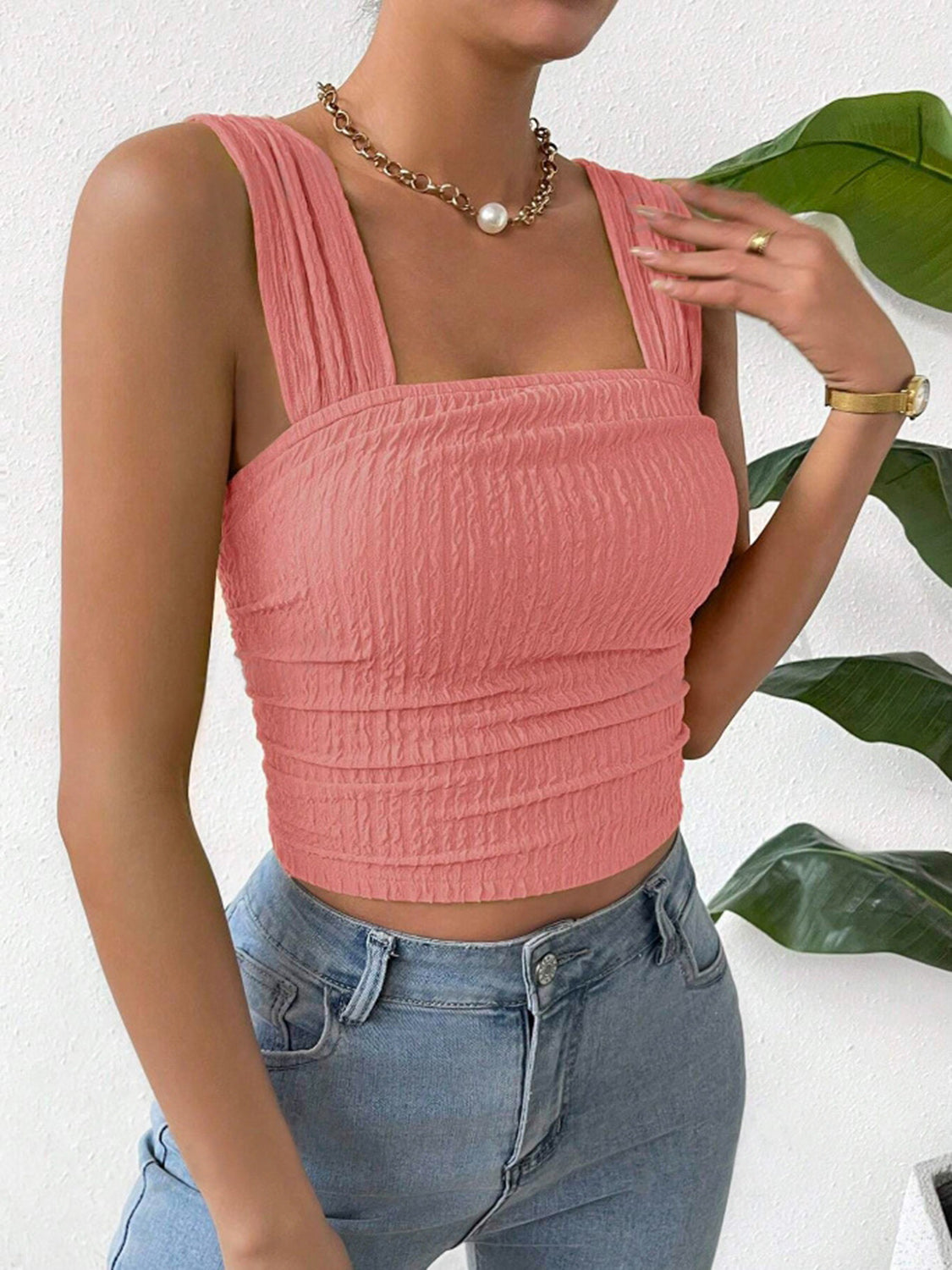 Textured Square Neck Wide Strap Tank - Coral / S