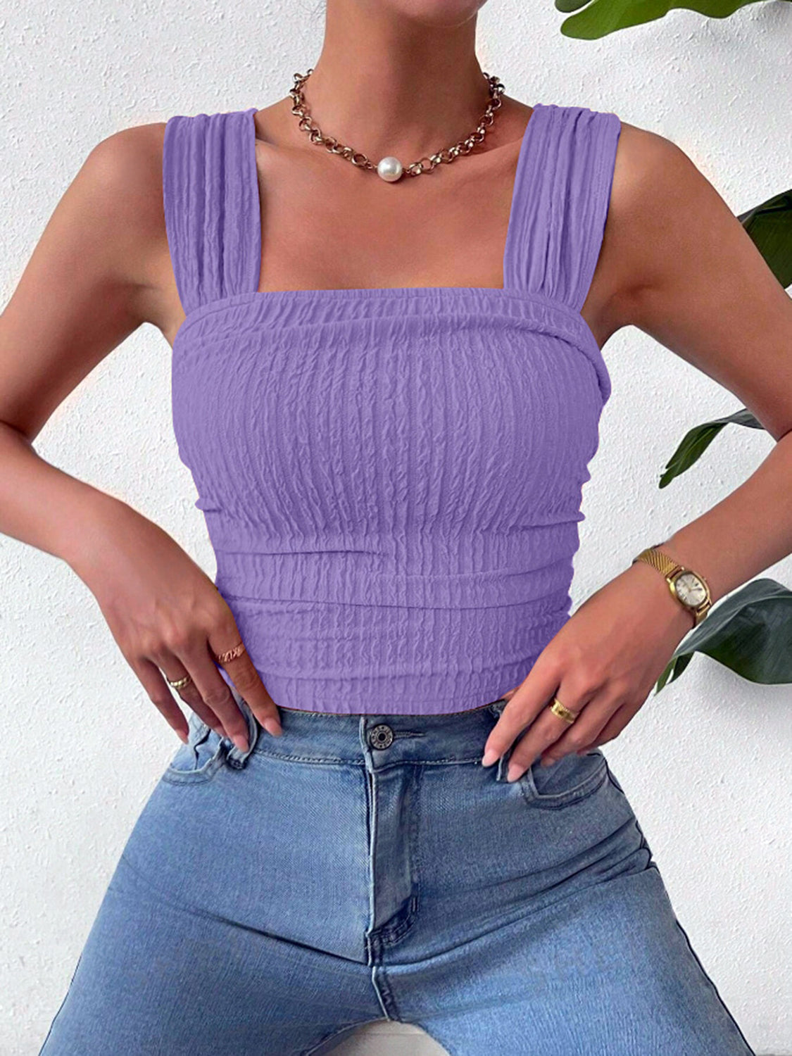 Textured Square Neck Wide Strap Tank - Lavender / S