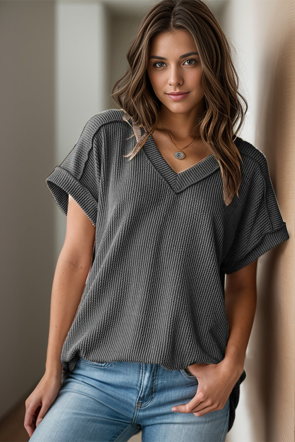 Textured V-Neck Short Sleeve Top - Dark Gray / S