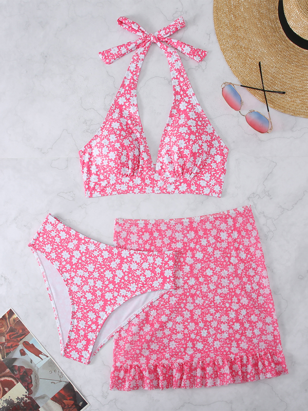 Three-piece small floral bikini - Pink / S