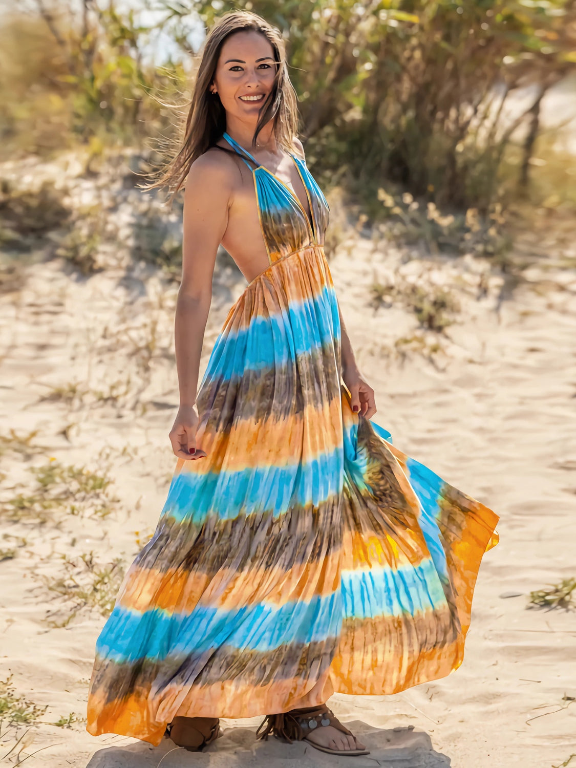 Tie-Dye Halter Neck Sleeveless Dress