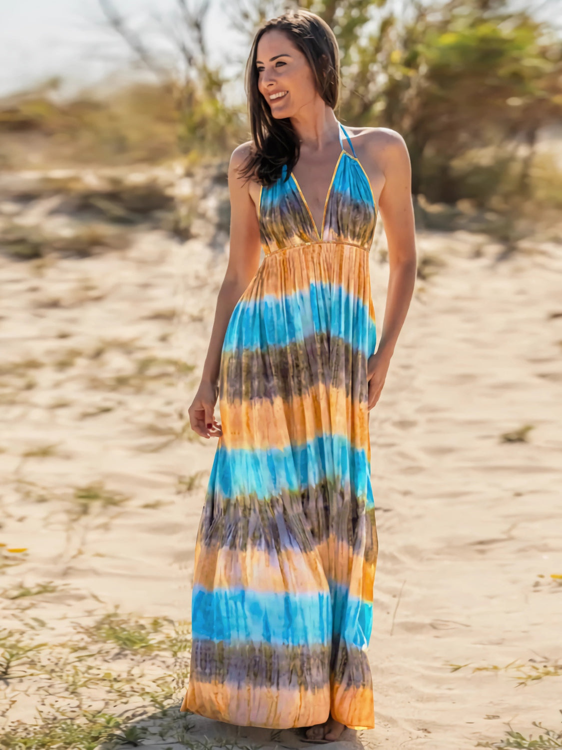 Tie-Dye Halter Neck Sleeveless Dress - Peacock Blue / S