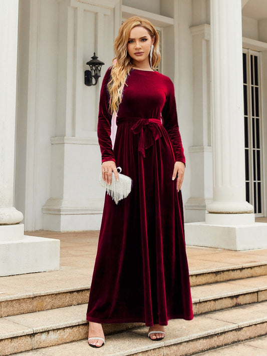 Tie Front Round Neck Long Sleeve Maxi Dress - Burgundy / S