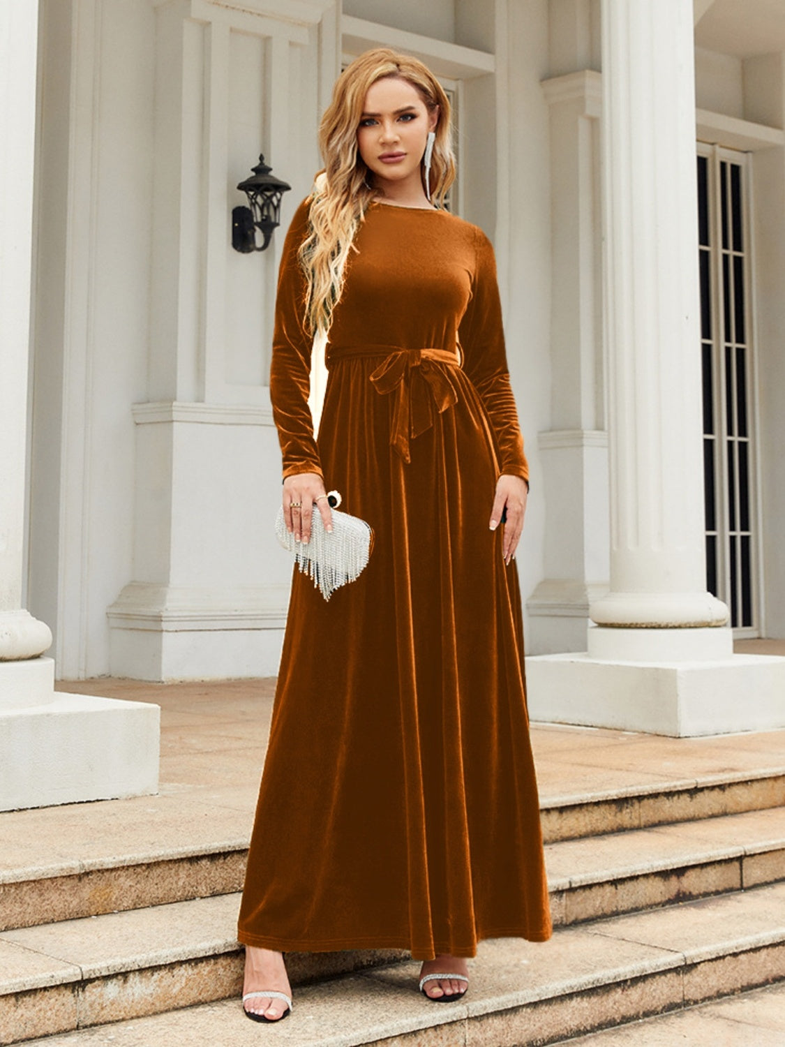 Tie Front Round Neck Long Sleeve Maxi Dress - Caramel / S