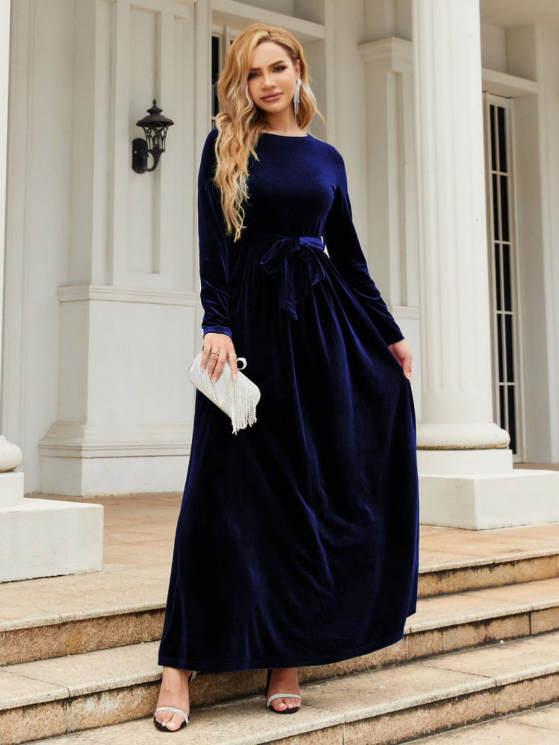 Tie Front Round Neck Long Sleeve Maxi Dress - Dark Blue / S