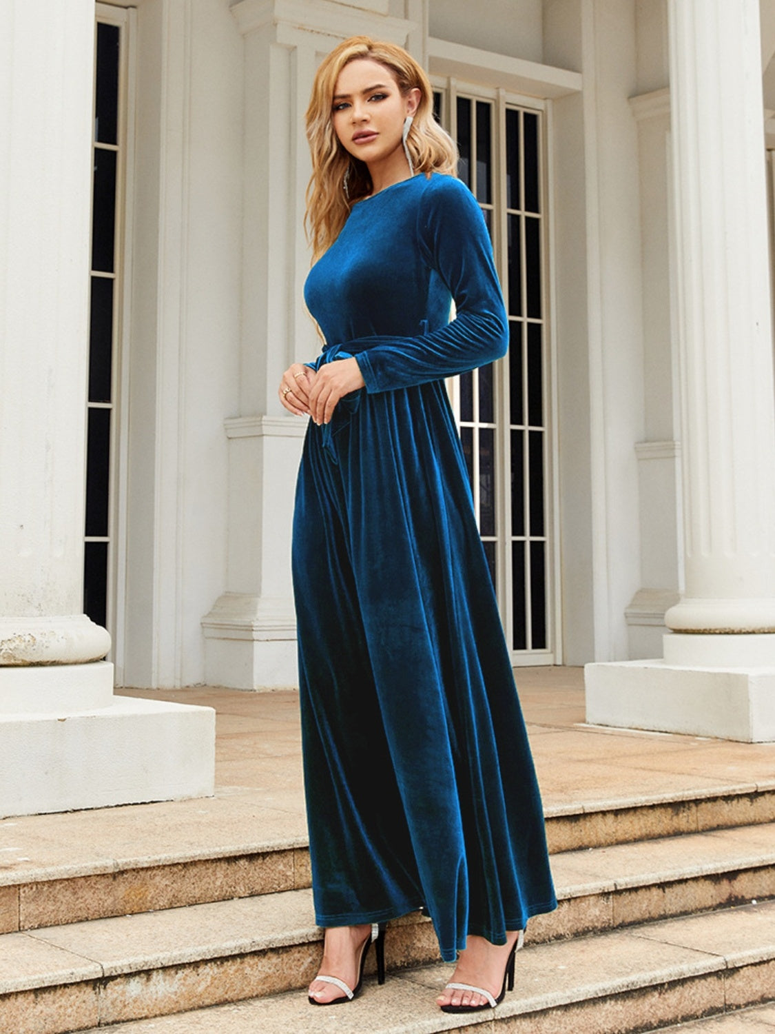 Tie Front Round Neck Long Sleeve Maxi Dress - Indigo / S