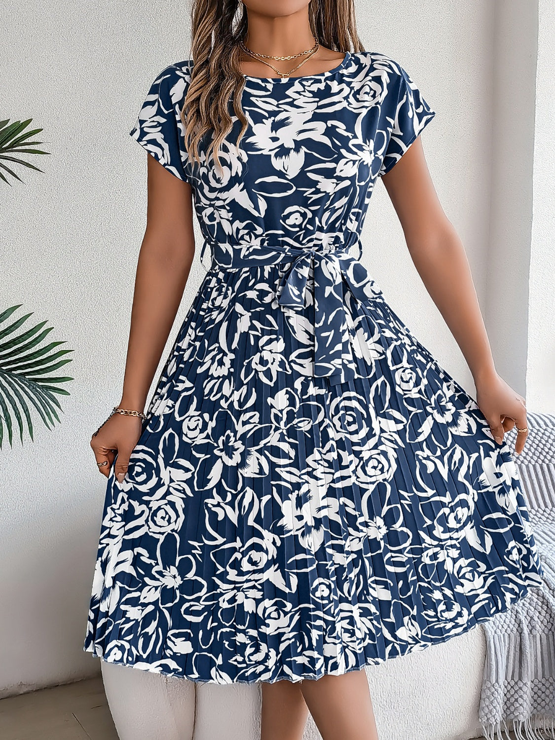 Tied Pleated Printed Short Sleeve Dress - Dark Blue / S