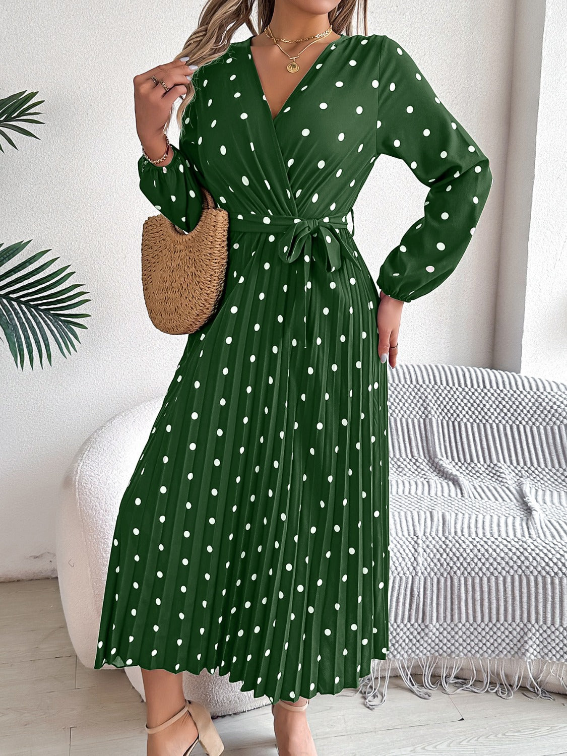 Tied Polka Dot Long Sleeve Midi Dress