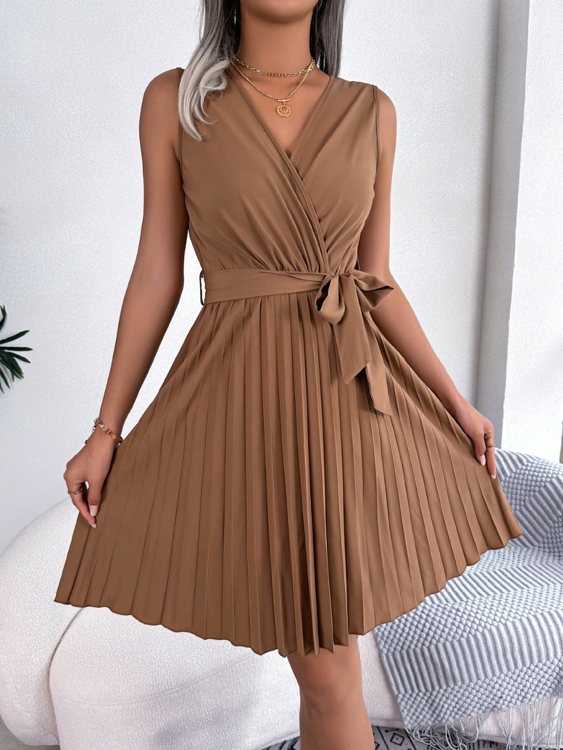 Tied Surplice Sleeveless Pleated Dress - Caramel / S