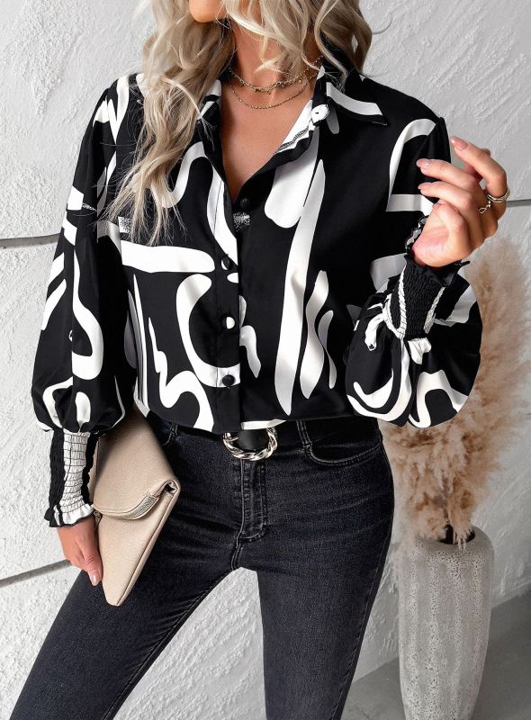 Temperament casual floral printed lantern sleeve shirt