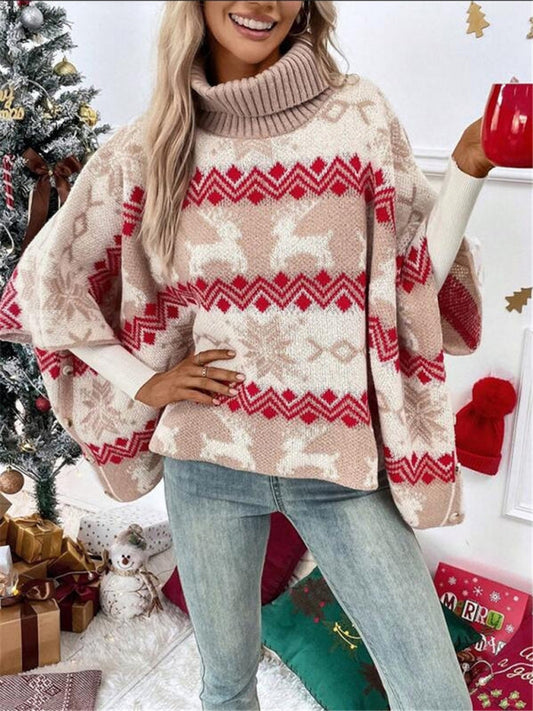 Turtleneck Christmas Elk Contrast Pattern Bat Sleeve