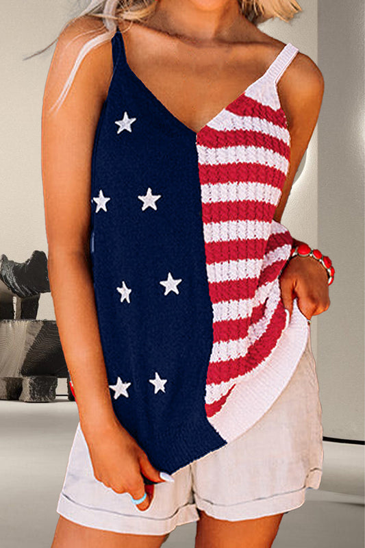 US Flag Theme V-Neck Knit Cami - Multicolor / S