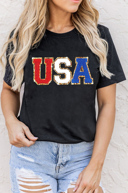 USA Round Neck Short Sleeve T-Shirt - Black / S