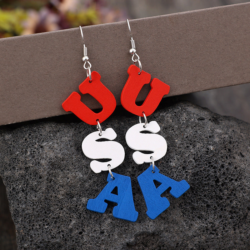 USA Wooden Letter Dangle Earrings - White / One Size