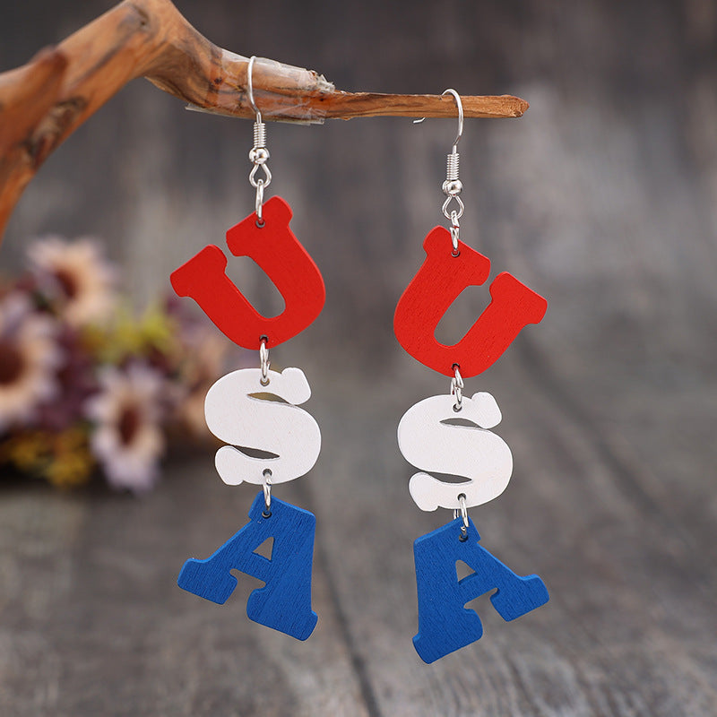 USA Wooden Letter Dangle Earrings - White / One Size