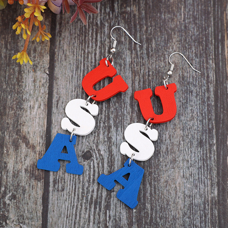 USA Wooden Letter Dangle Earrings - White / One Size