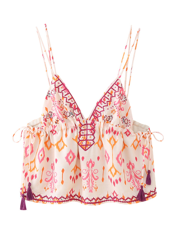 V-neck camisole top with sequin embroidery - Pink / XS