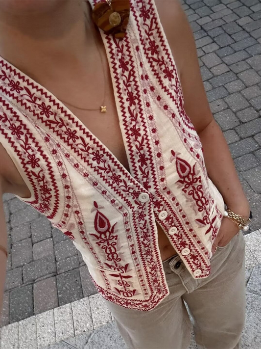 V-neck Embroidered Vest - White / XS