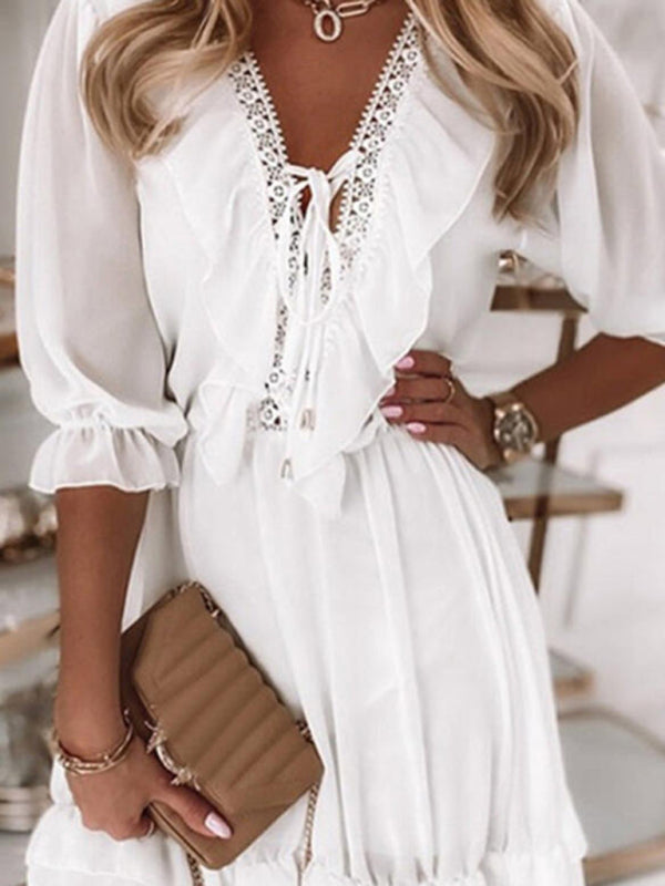 V Neck Mosaic Chiffon Loose Casual Dress