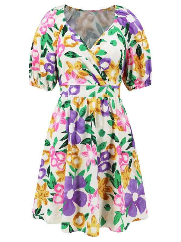 V-neck printed lantern sleeve short dress