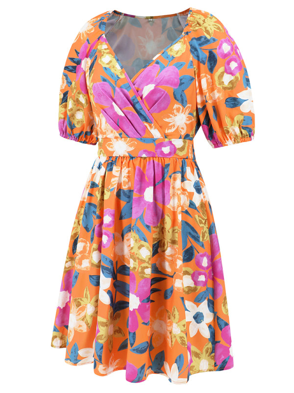 V-neck printed lantern sleeve short dress