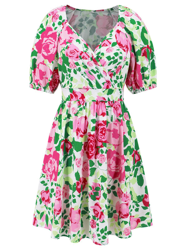 V-neck printed lantern sleeve short dress