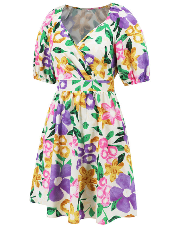 V-neck printed lantern sleeve short dress