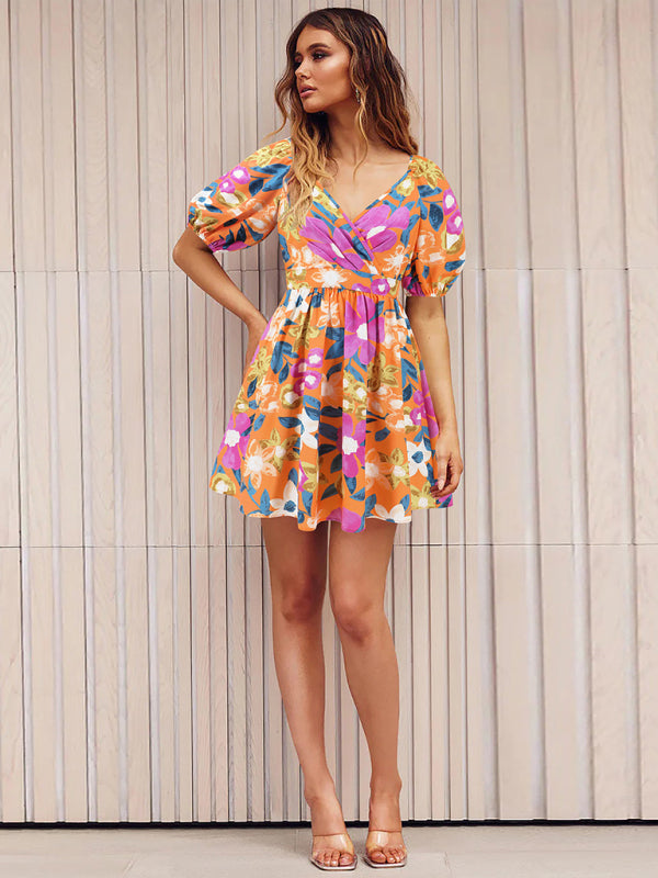 V-neck printed lantern sleeve short dress