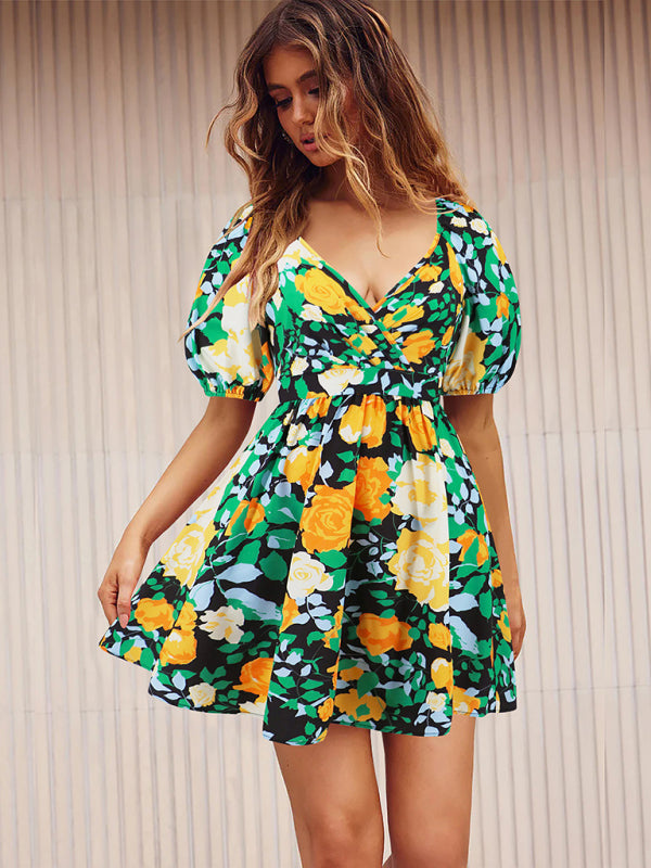 V-neck printed lantern sleeve short dress - GreenYellow / S