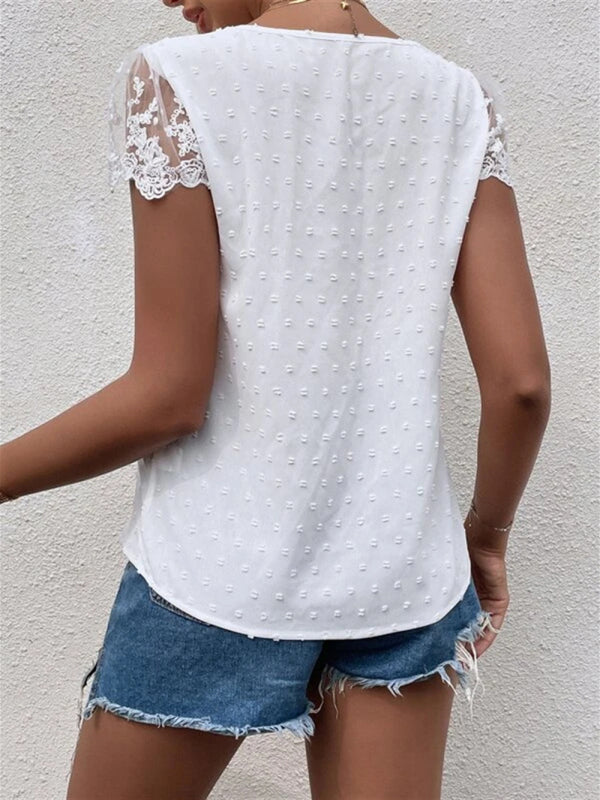 V-Neck Shirt Collar Sleeve Panel Lace Trim Shirt